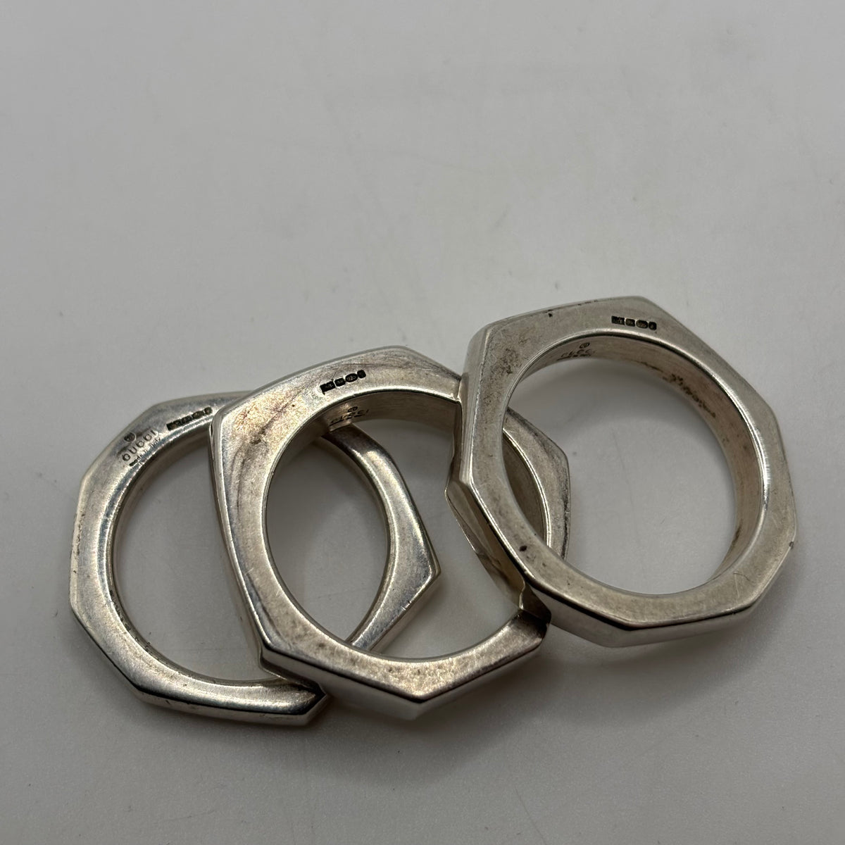 Silver Gucci Triple Hexagonal Nut Stacking Rings (S)