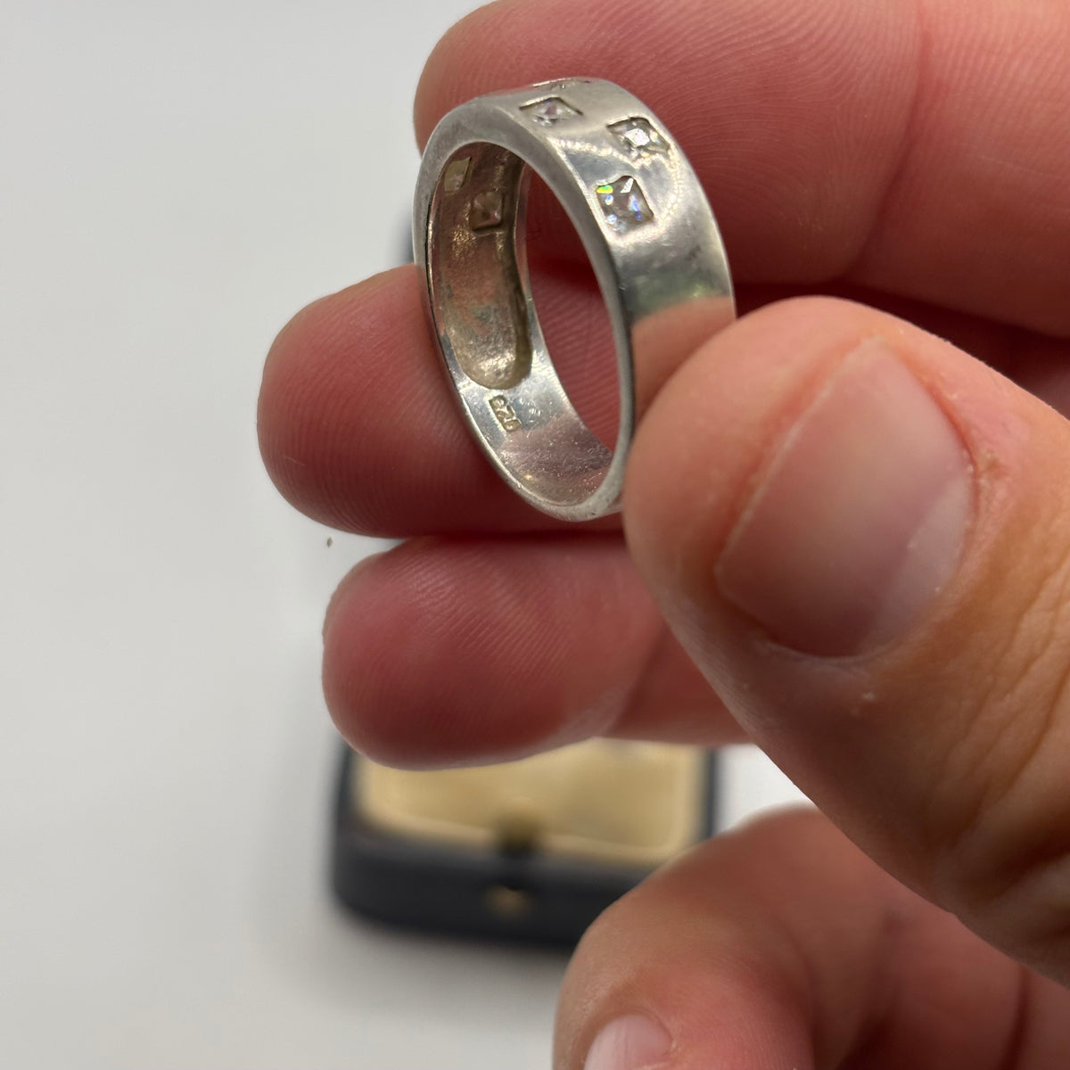 Silver CZ Check Board Band Ring (S)