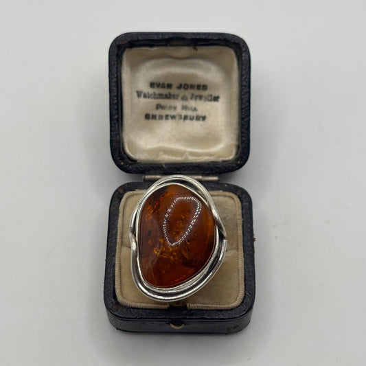 Silver Large Amber Ring (U)