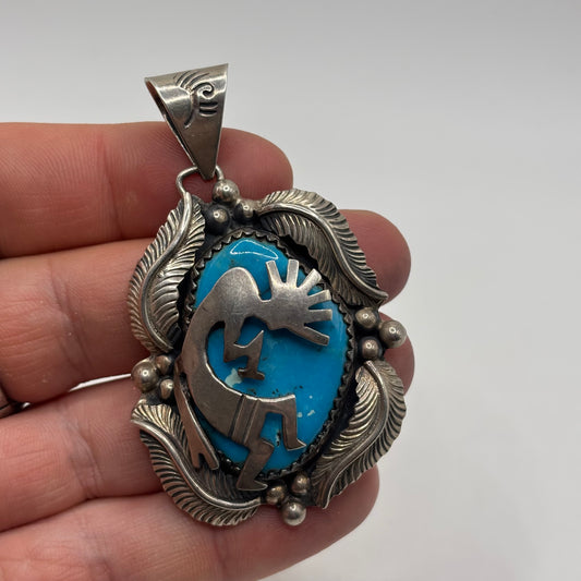 Silver Native American Kokopelli Turquoise Pendant