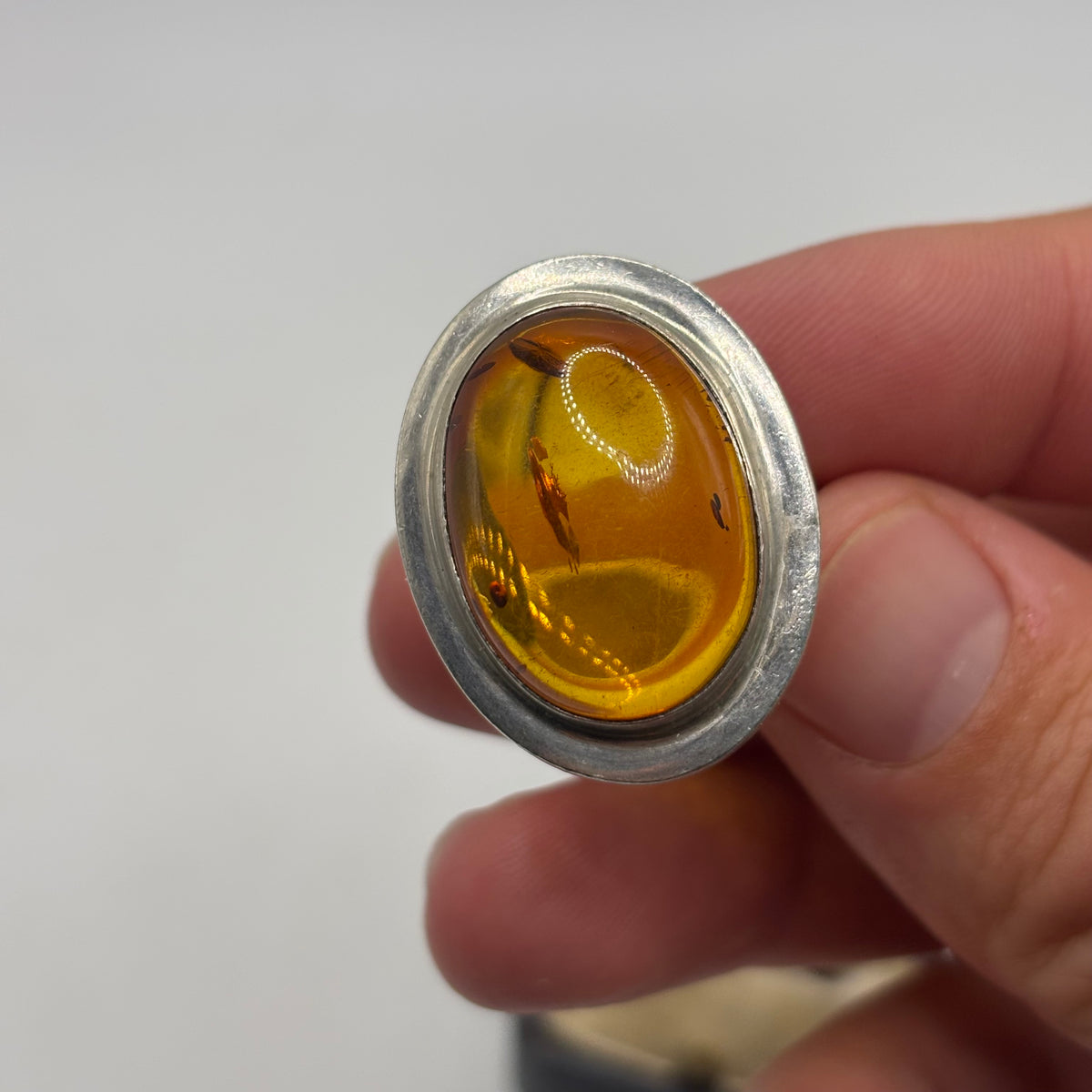 Silver Large Amber Ring (R)