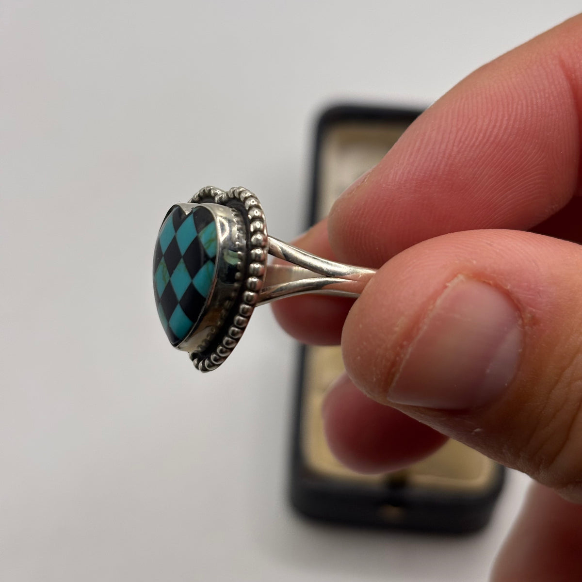 Silver Turquoise & Onyx Heart Ring (S)