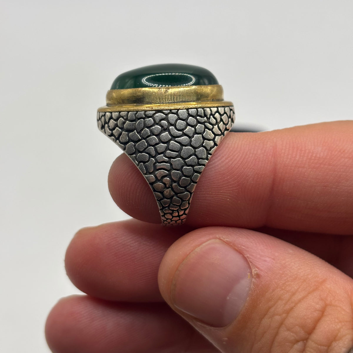 Silver Green Agate Chunky Signet Ring (P)