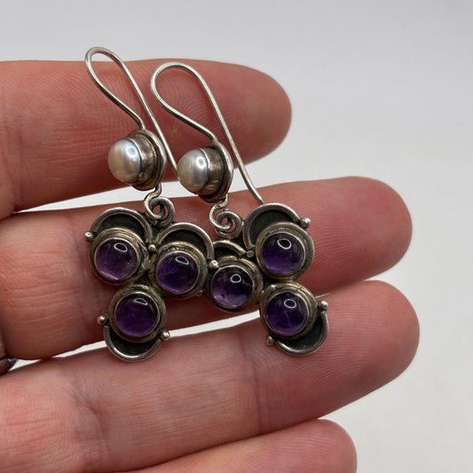 Silver Pearl & Amethyst Earrings (50mm)