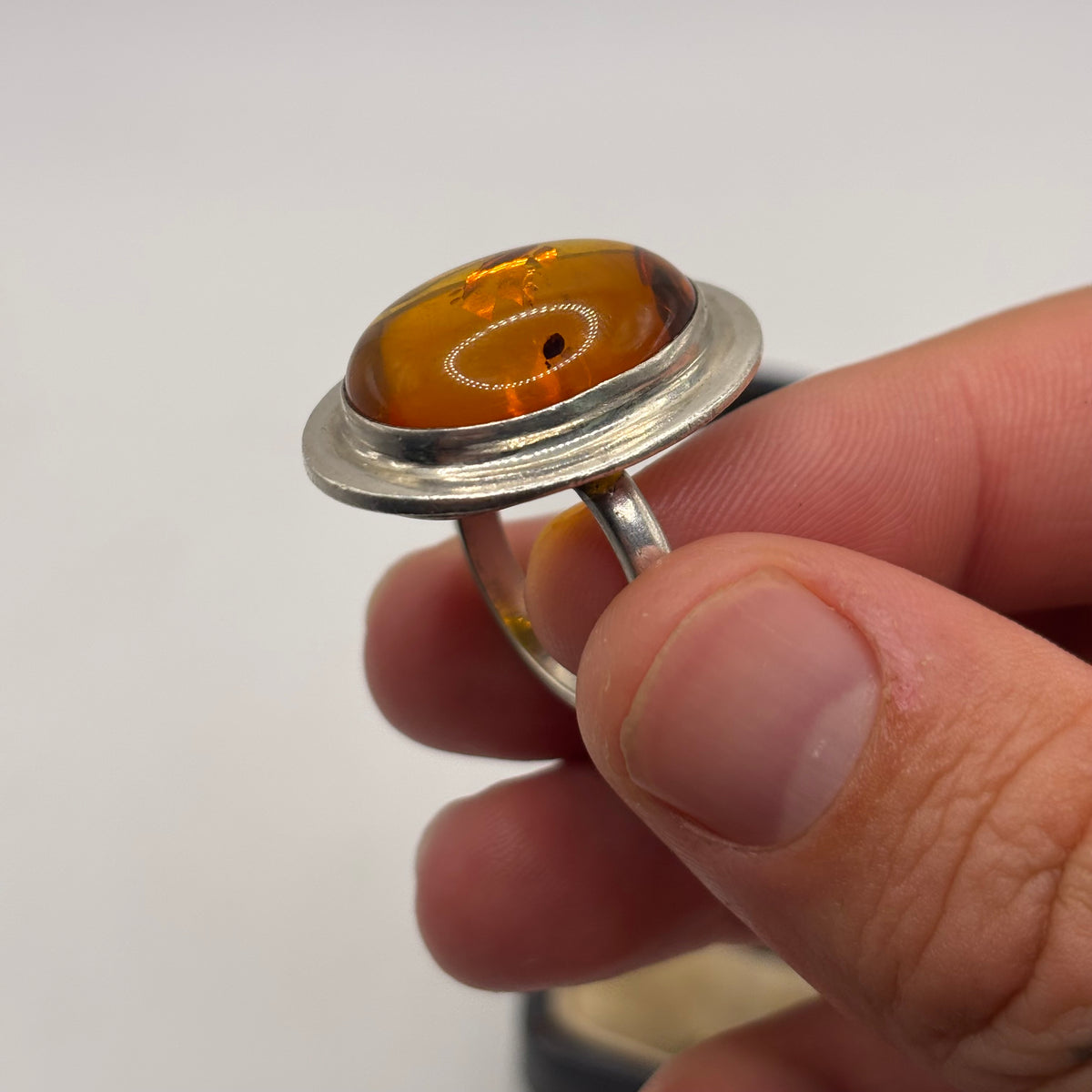 Silver Large Amber Ring (R)