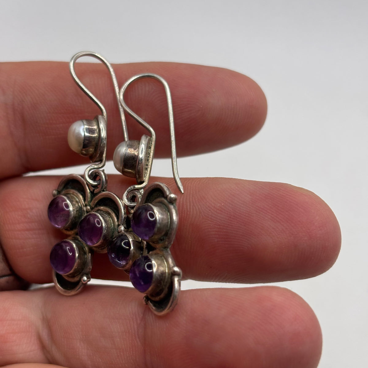 Silver Pearl & Amethyst Earrings (50mm)