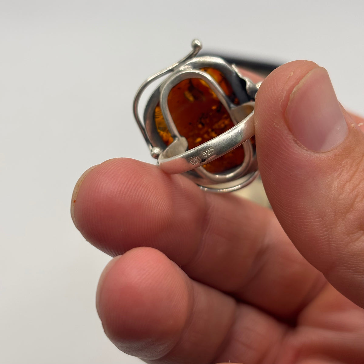 Silver Abstract Large Amber Ring (O)
