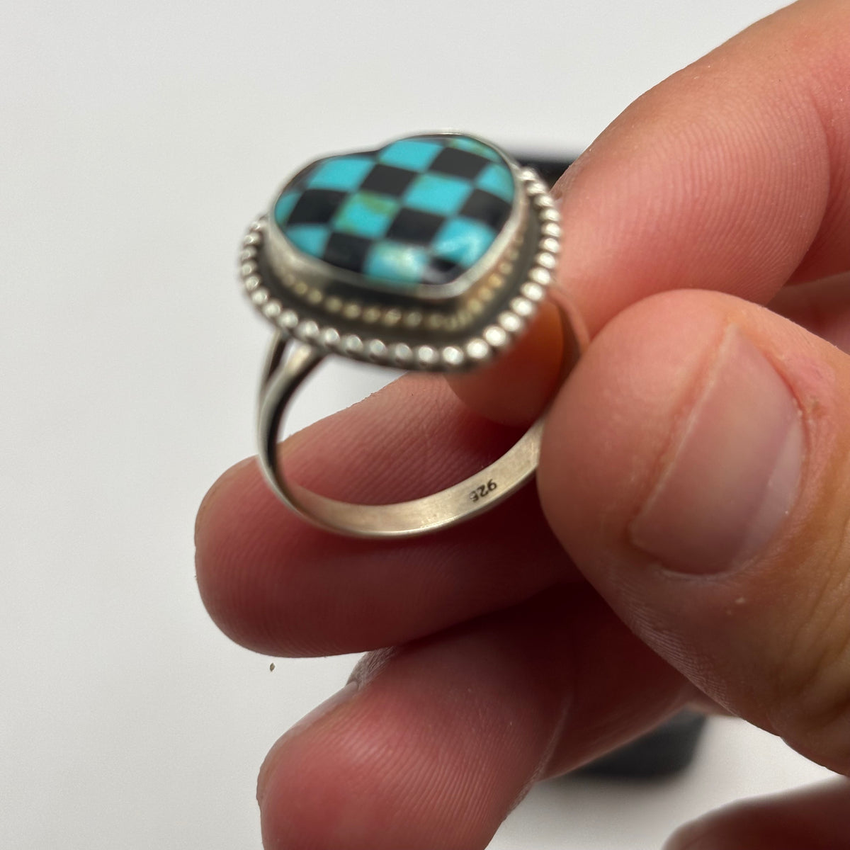 Silver Turquoise & Onyx Heart Ring (S)