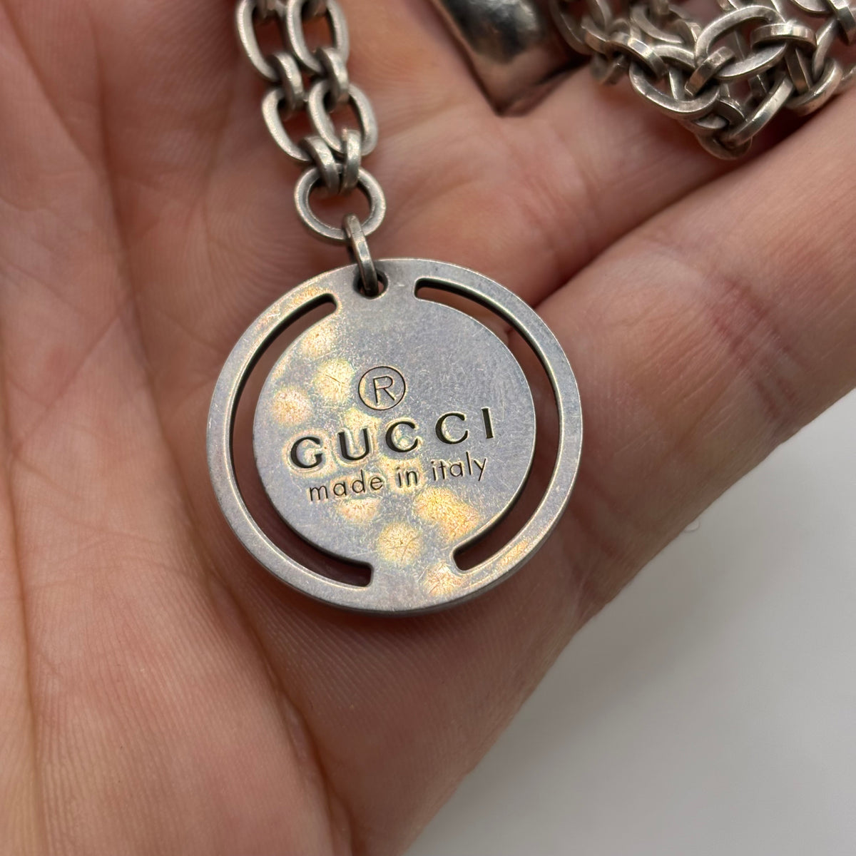 Silver 22” Gucci Medallion Necklace