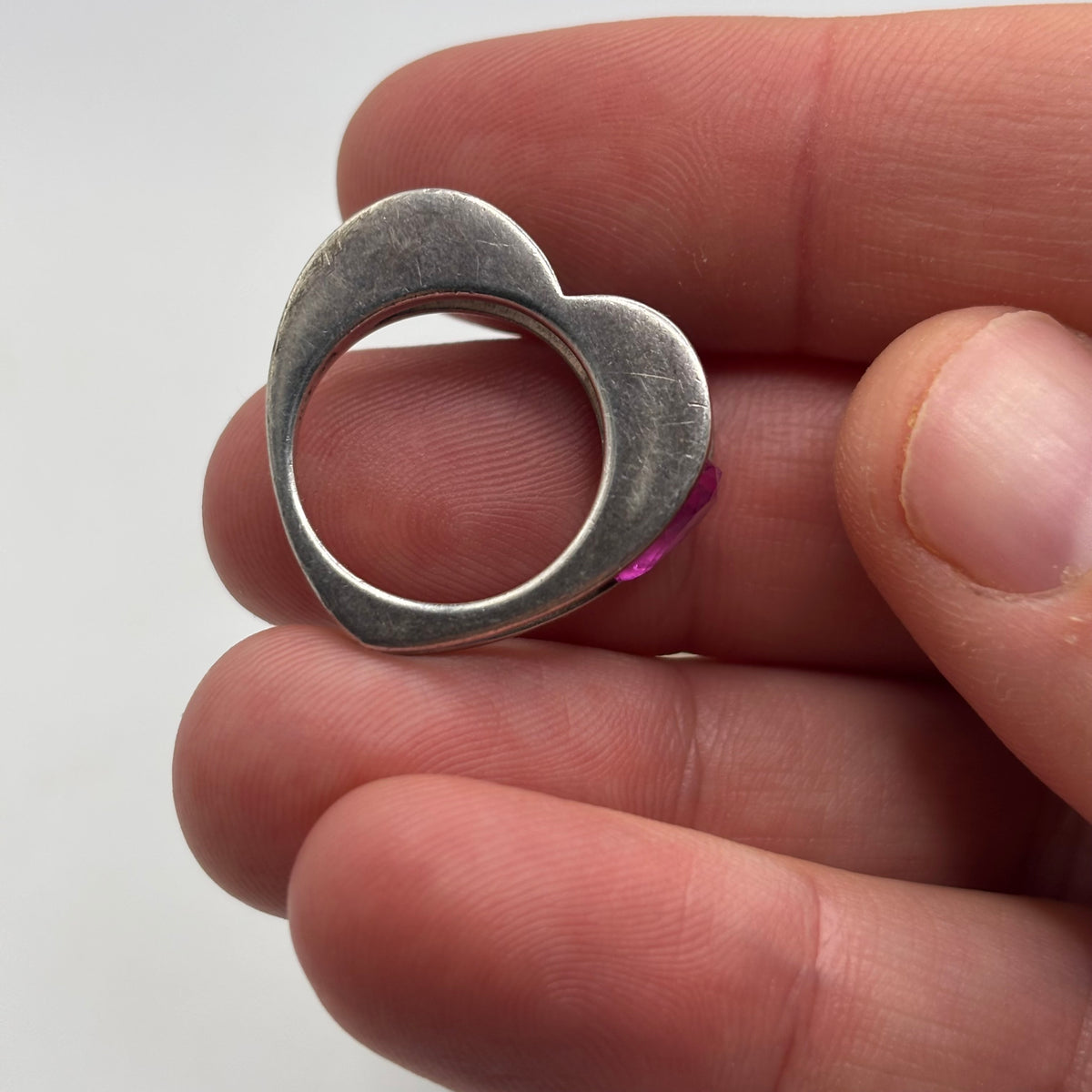 Silver Pink CZ Unusual Heart Ring (L)