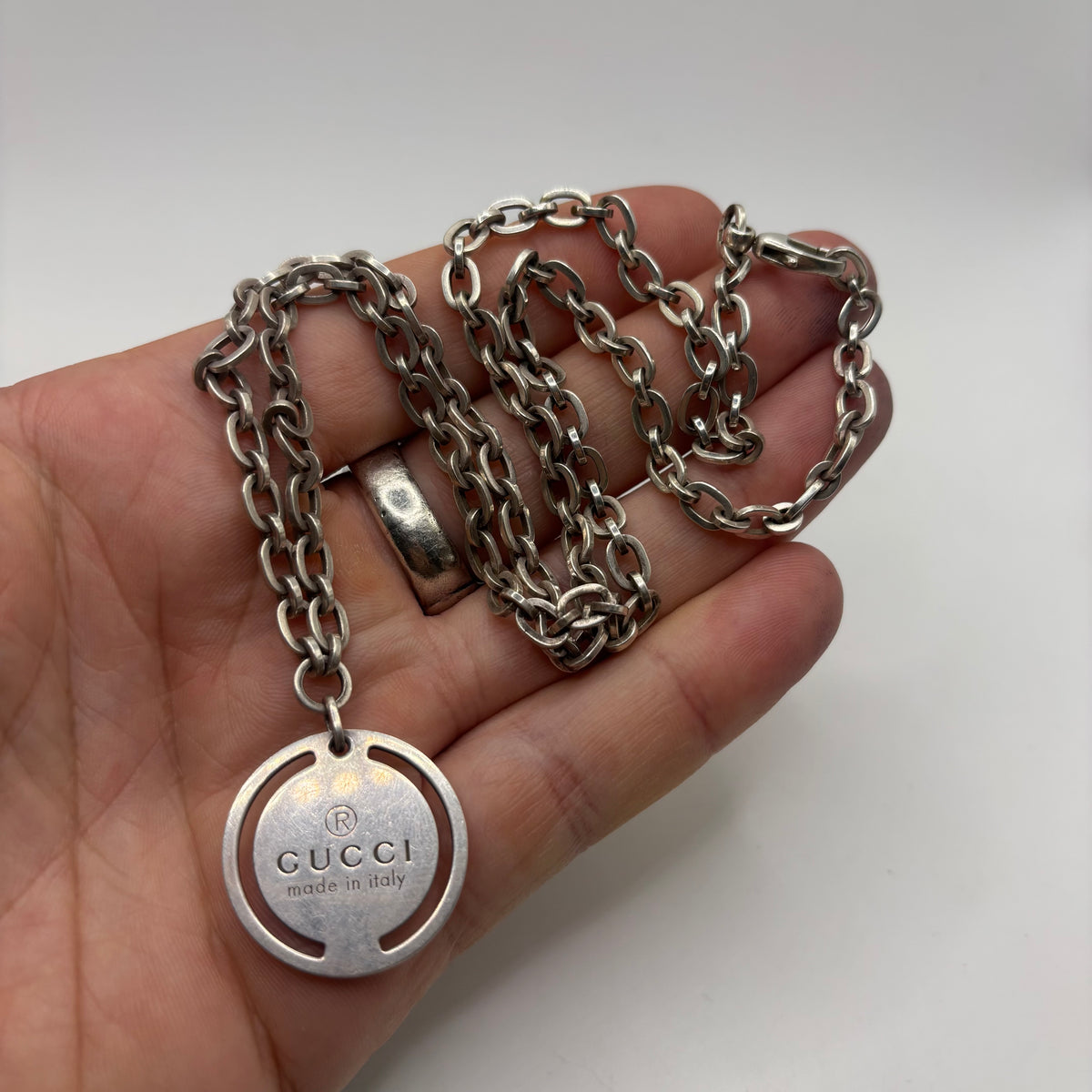 Silver 22” Gucci Medallion Necklace