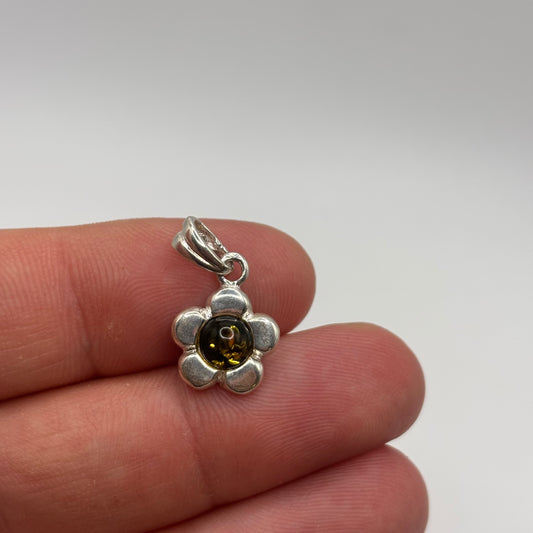 Silver Green Amber Flower Pendant