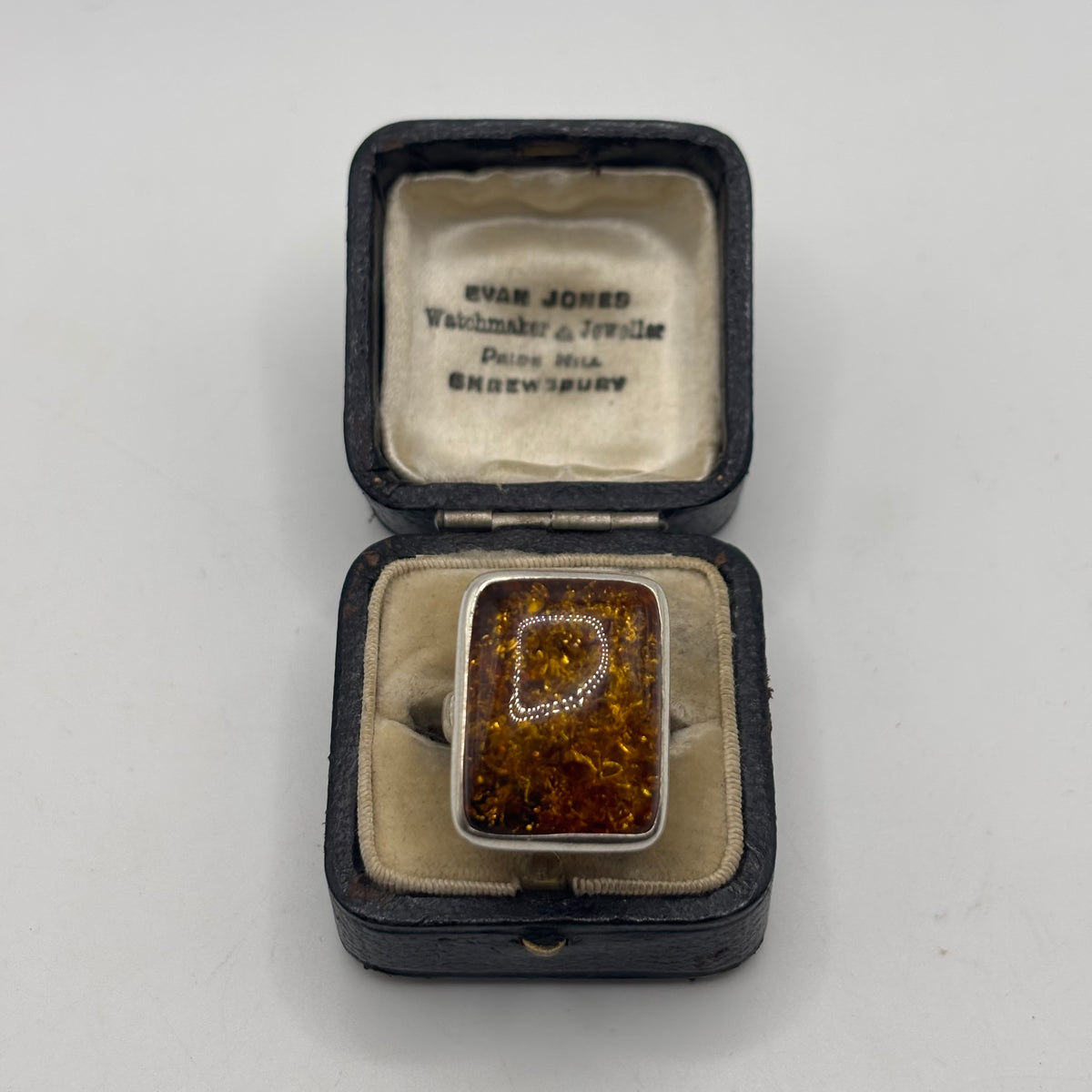 Silver Chunky Rectangular Amber Ring (L)