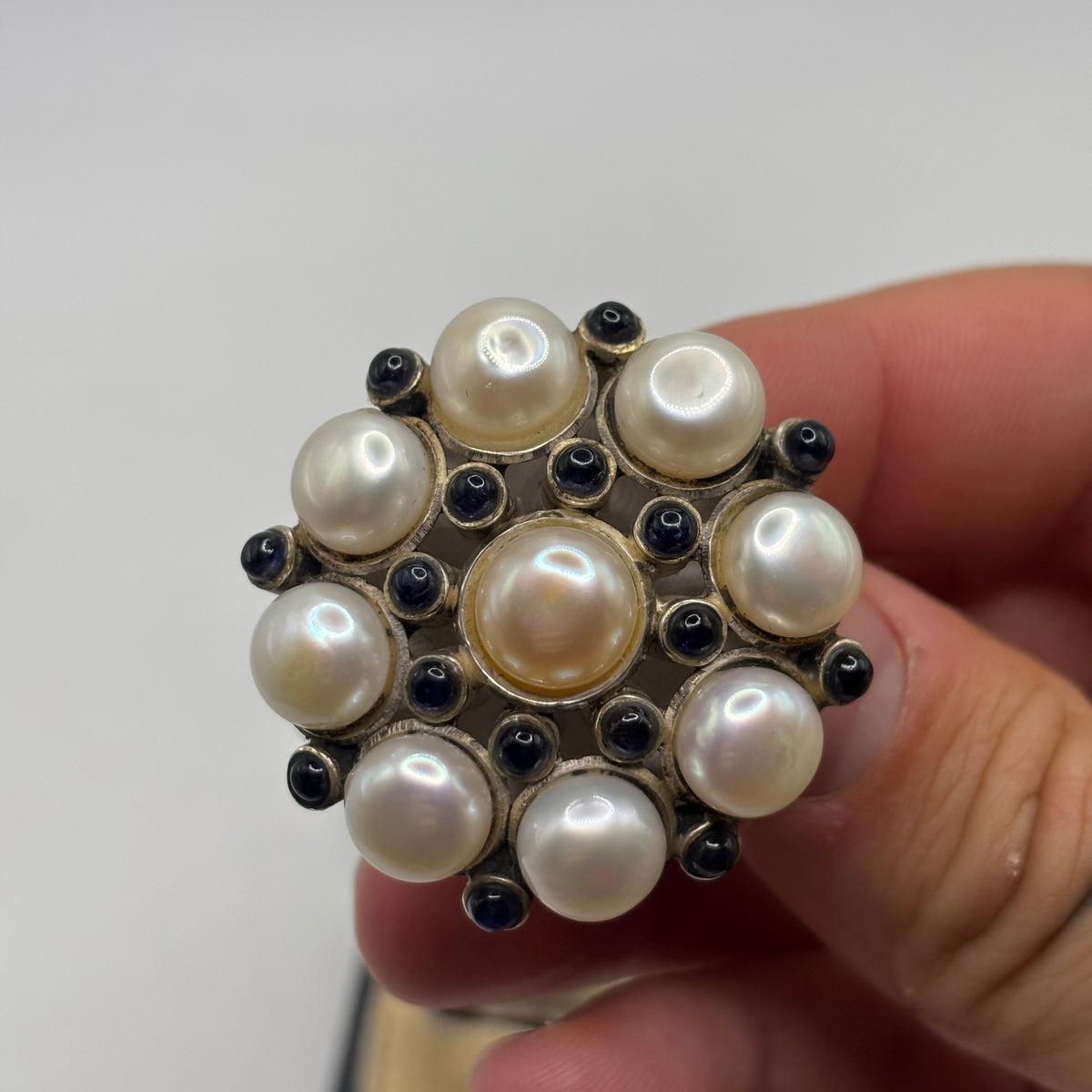 Silver Huge Pearl & Iolite Ring (O)