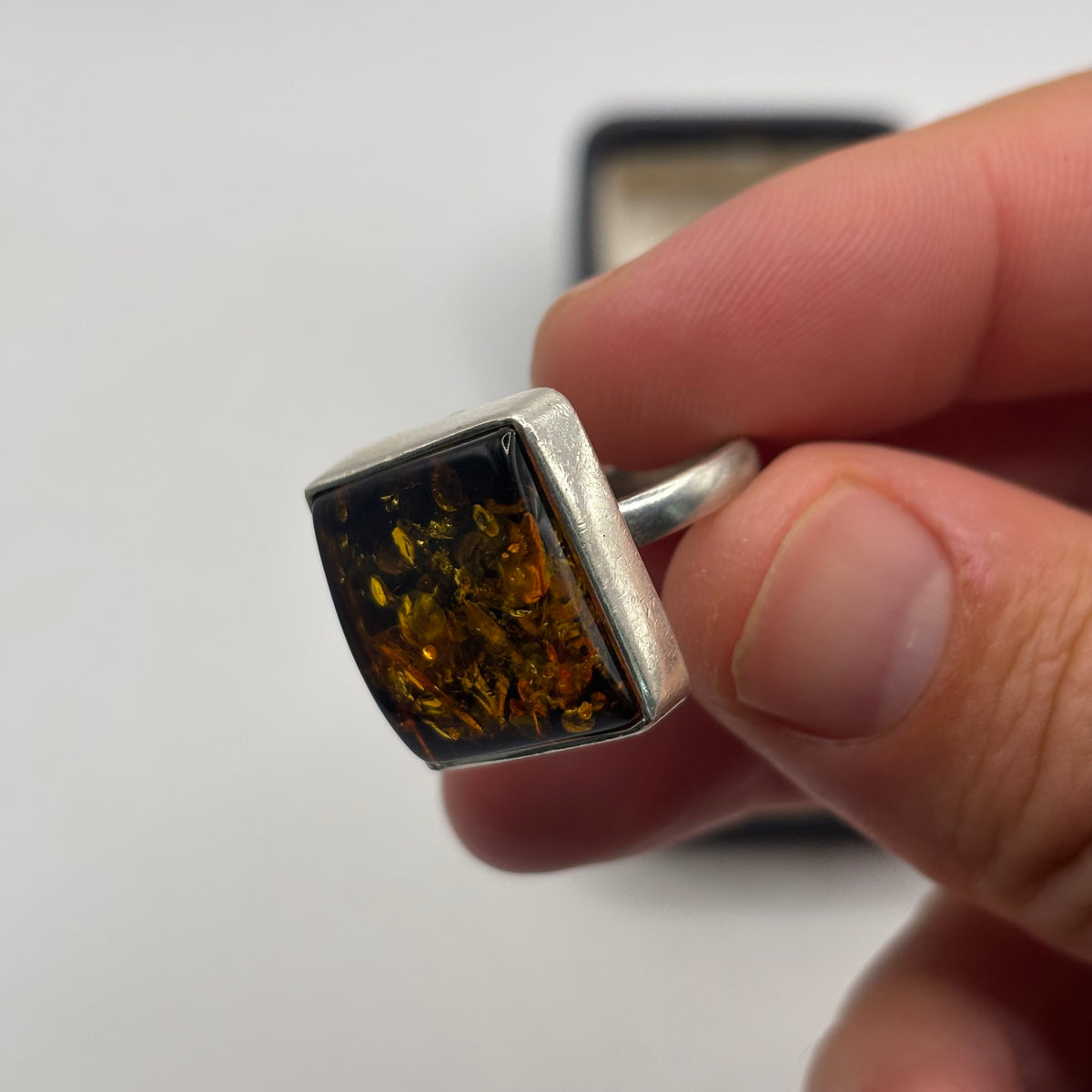 Silver Green Amber Square Ring (N)