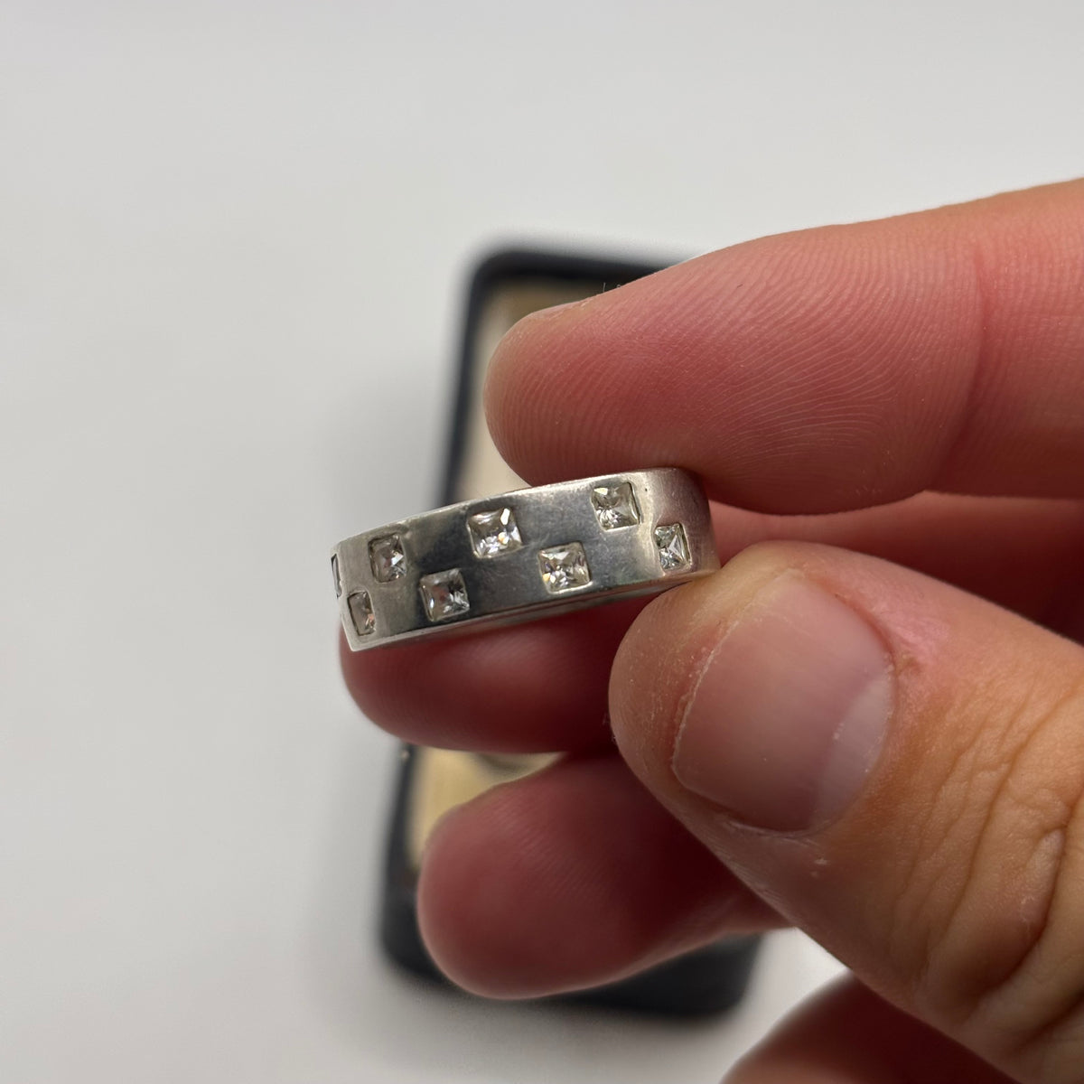 Silver CZ Check Board Band Ring (S)