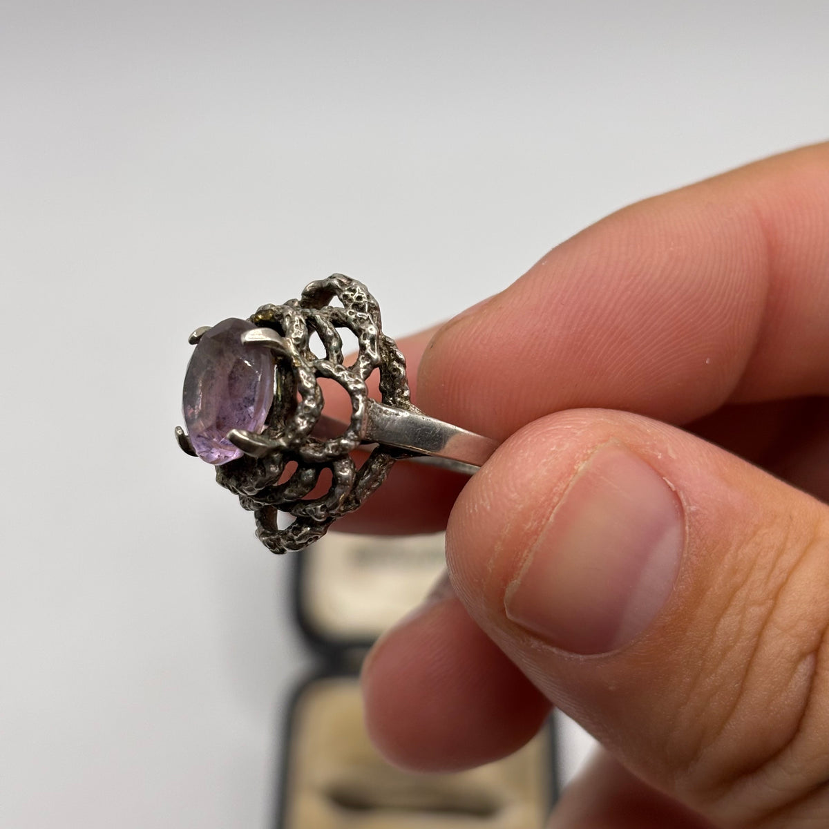 Silver Amethyst Abstract Ring (K)