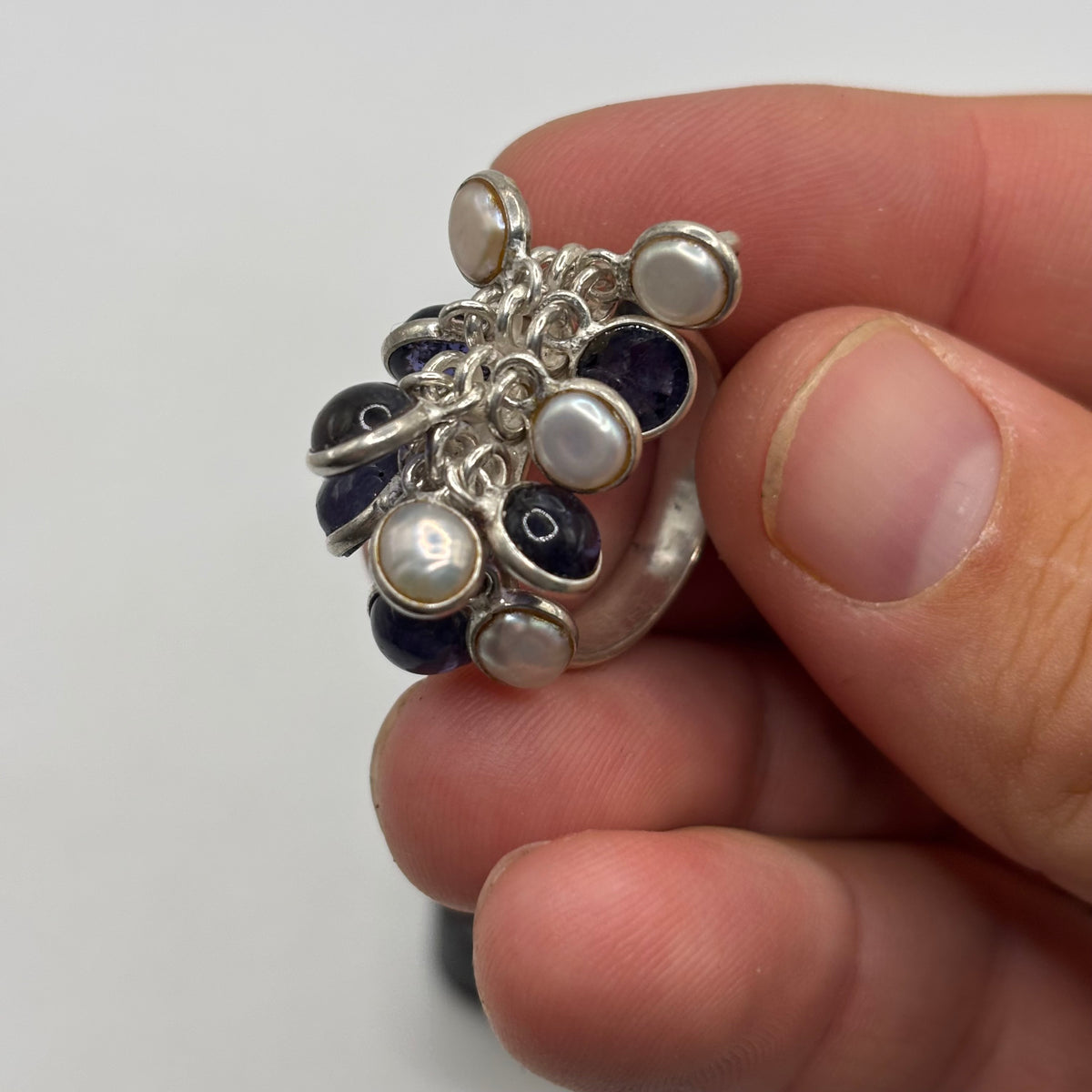 Silver Unusual Iolite & Pearl Ring (Q)