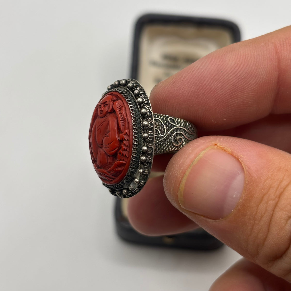 Silver 1920s Chinese Cinnabar Ring (O)