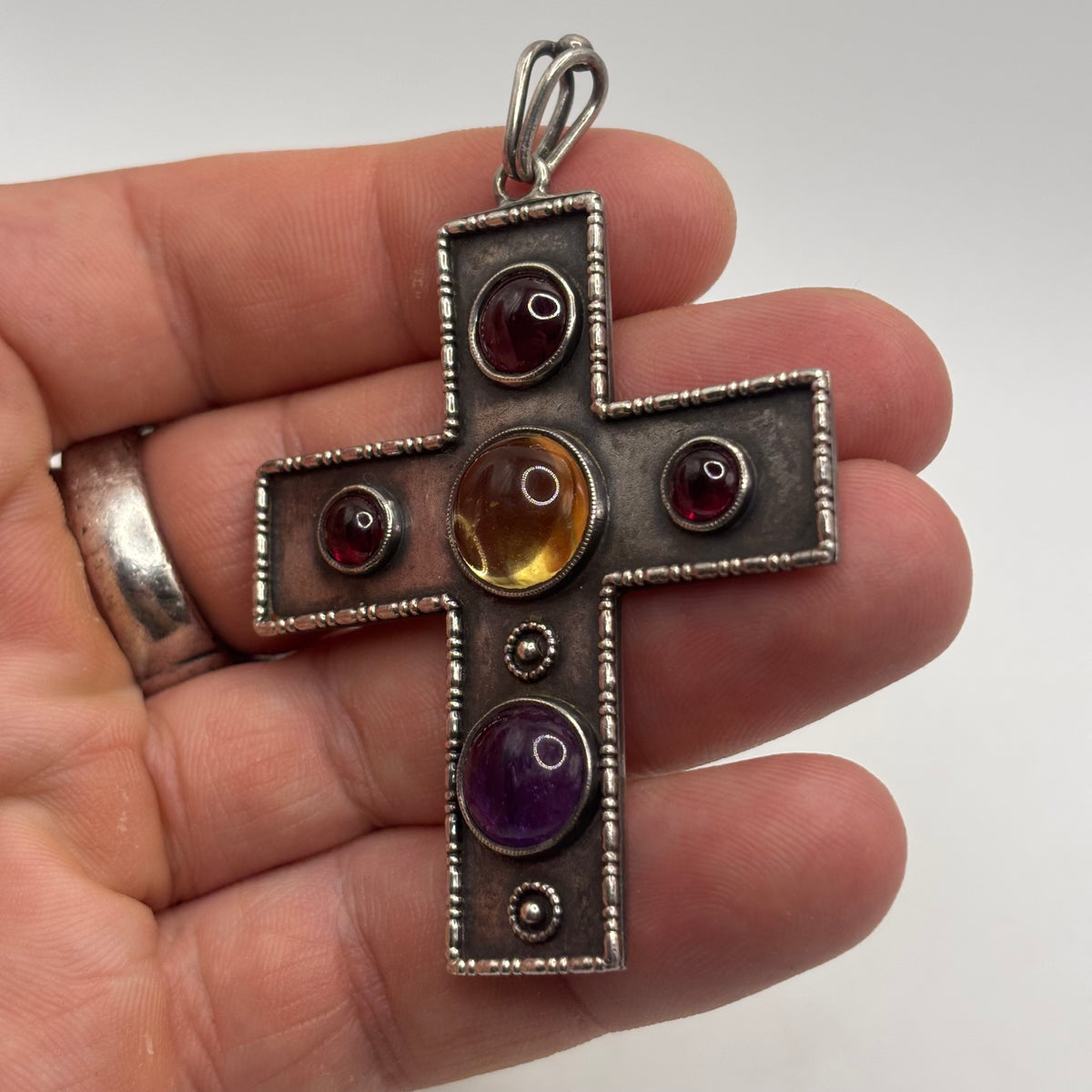 Silver Huge Mixed Gem Cabochon Cross