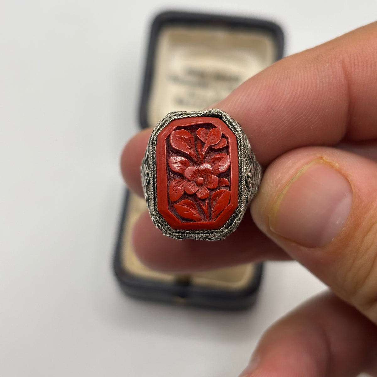Silver 1920s Chinese Cinnabar Filigree Ring (N)