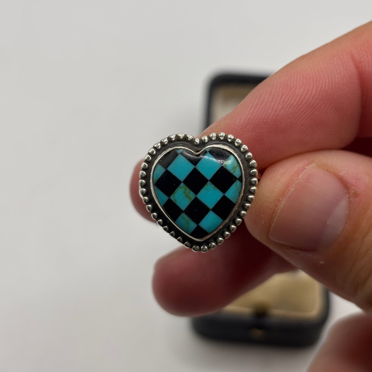 Silver Turquoise & Onyx Heart Ring (S)