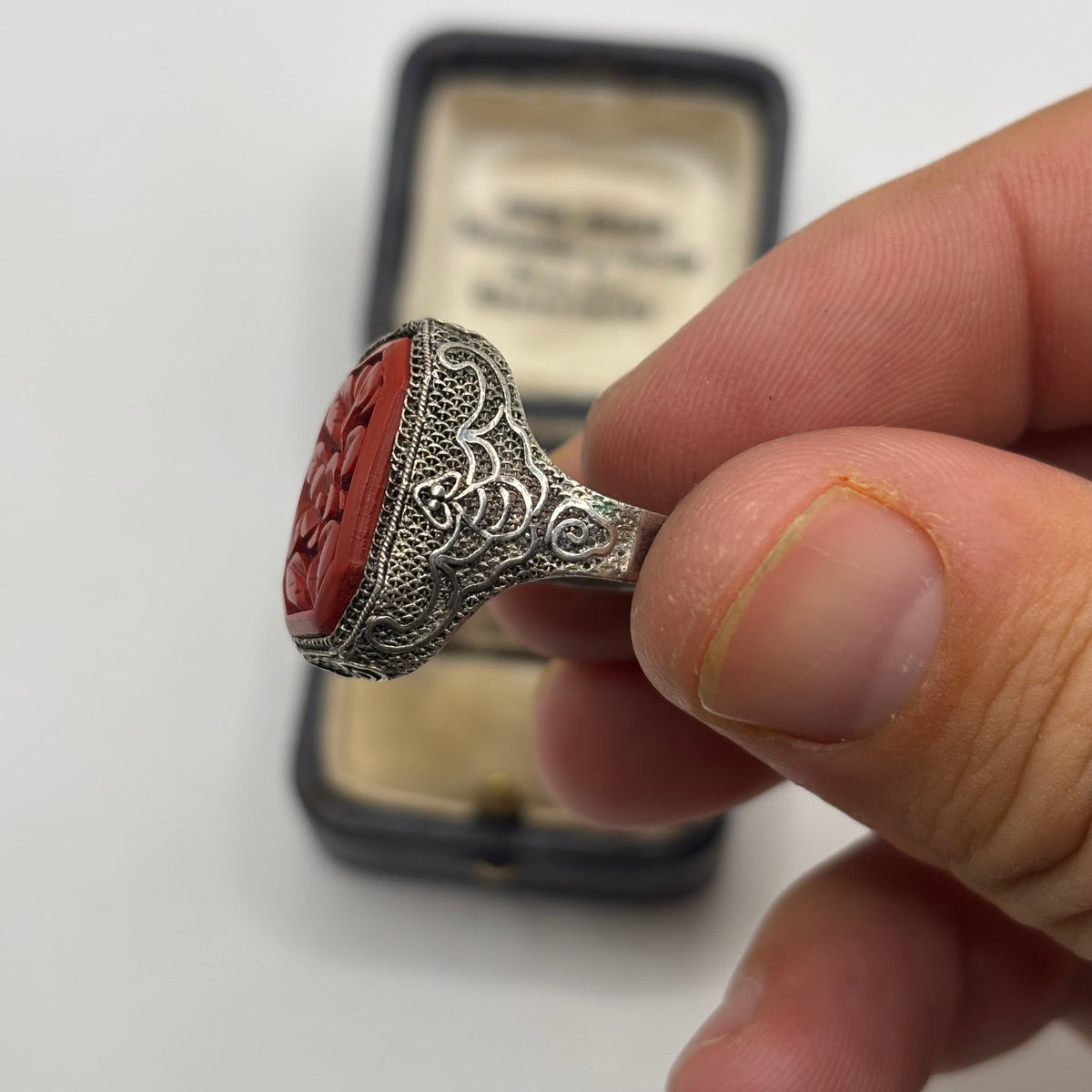 Silver 1920s Chinese Cinnabar Filigree Ring (N)