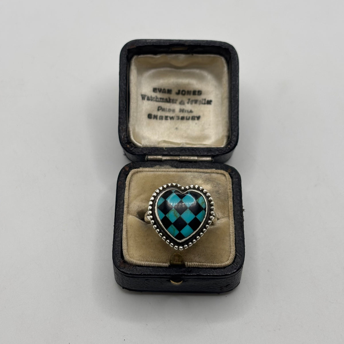 Silver Turquoise & Onyx Heart Ring (S)