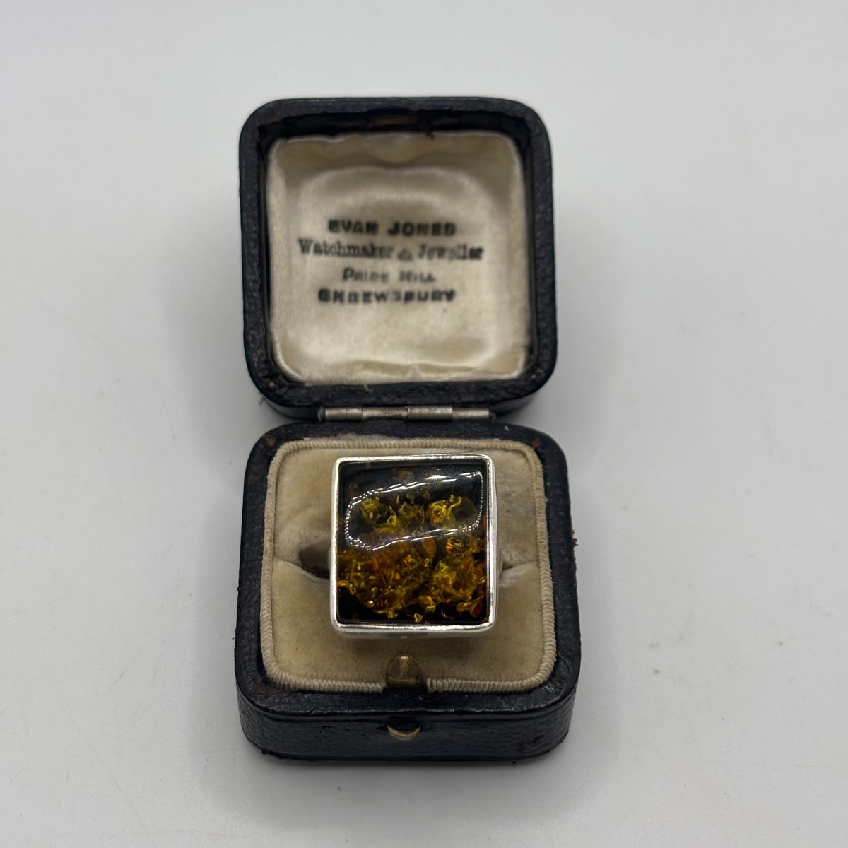 Silver Green Amber Square Ring (N)