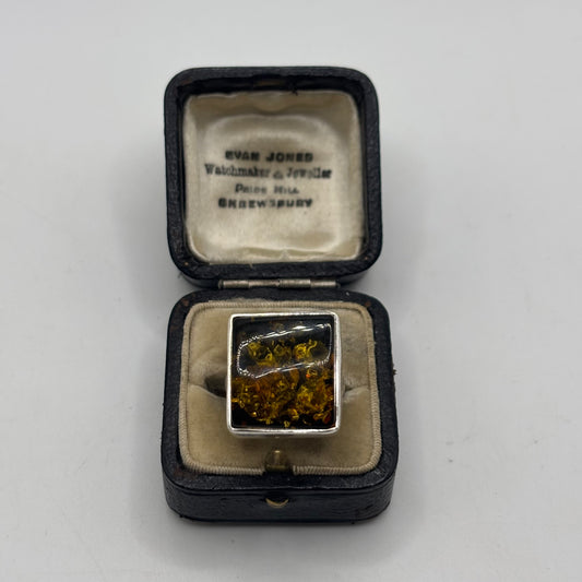 Silver Green Amber Square Ring (N)