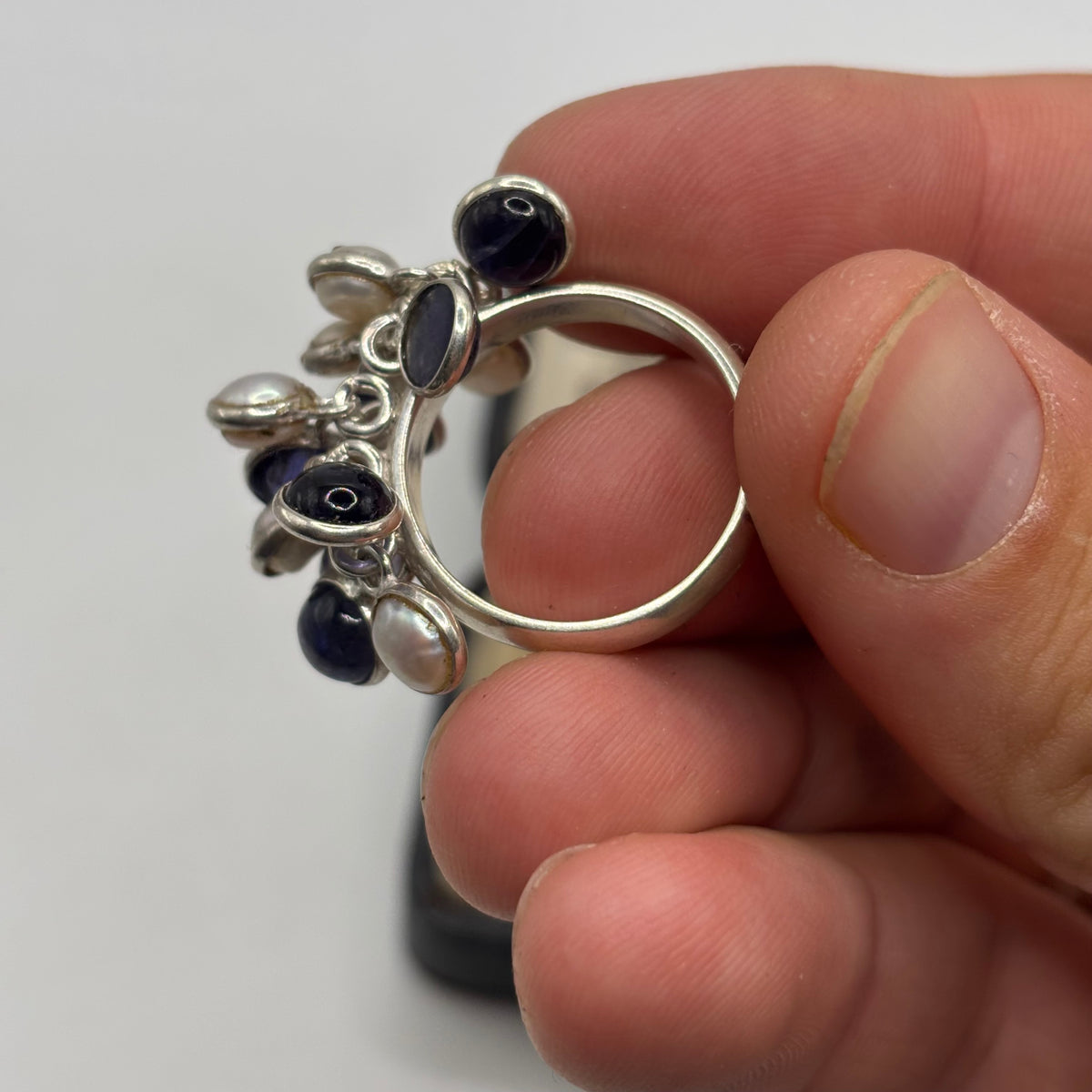 Silver Unusual Iolite & Pearl Ring (Q)