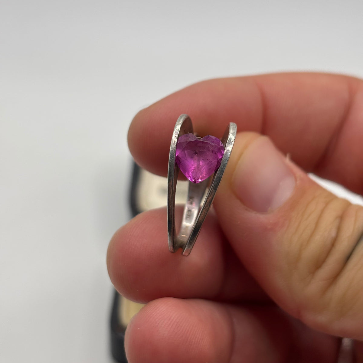 Silver Pink CZ Unusual Heart Ring (L)