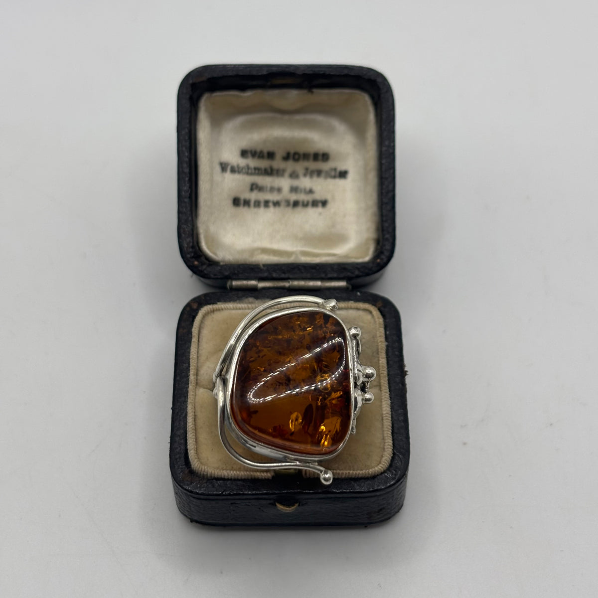 Silver Abstract Large Amber Ring (O)