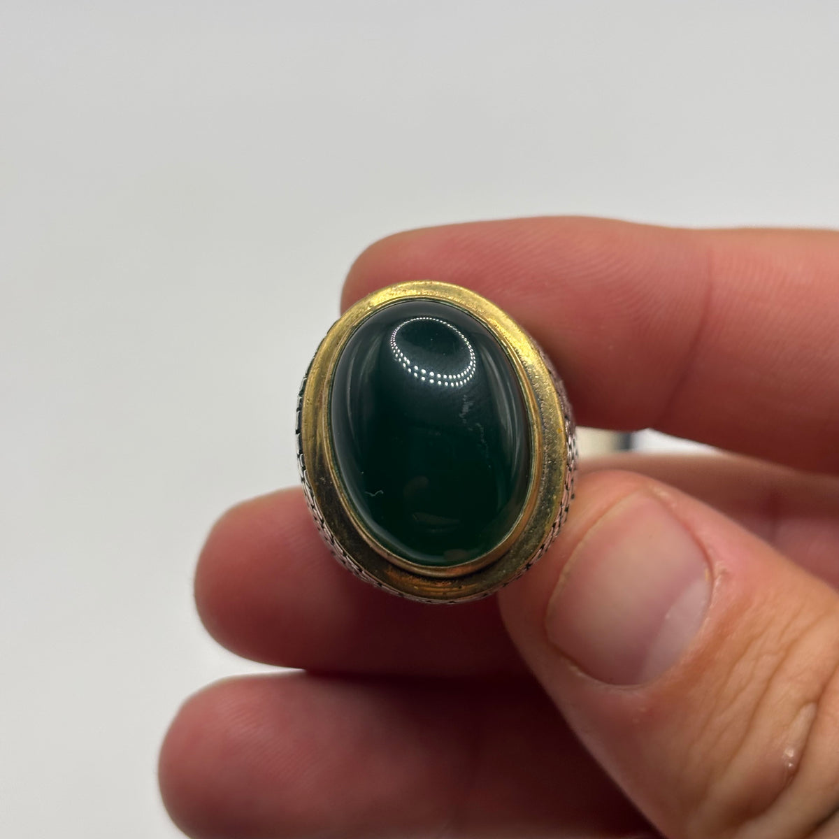 Silver Green Agate Chunky Signet Ring (P)