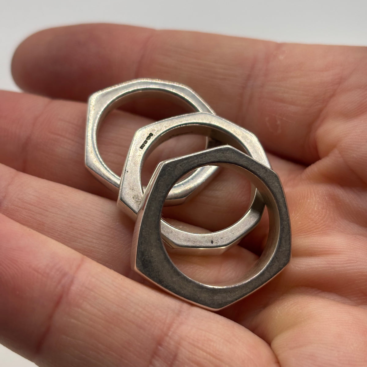 Silver Gucci Triple Hexagonal Nut Stacking Rings (S)
