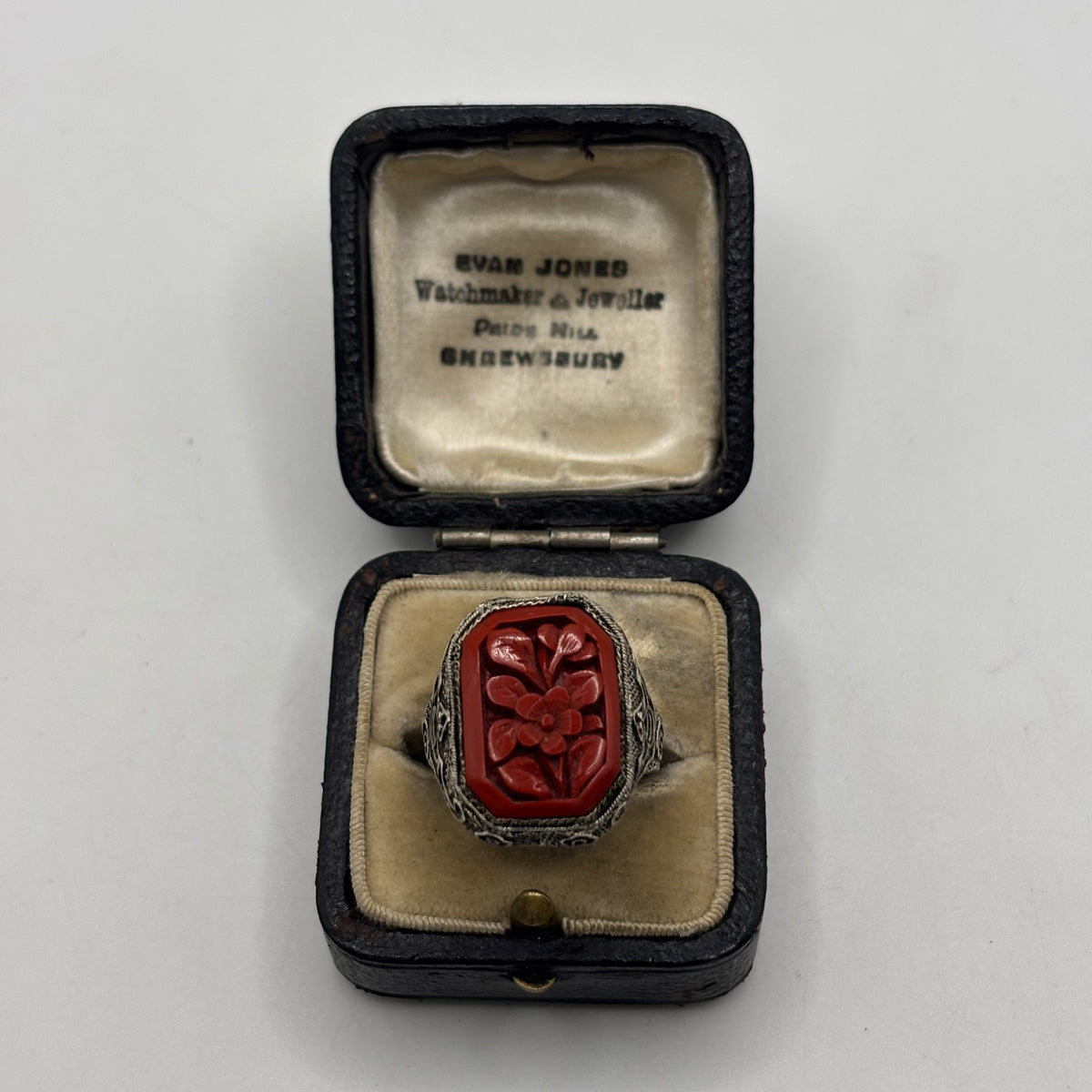 Silver 1920s Chinese Cinnabar Filigree Ring (N)