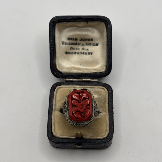 Silver 1920s Chinese Cinnabar Filigree Ring (N)
