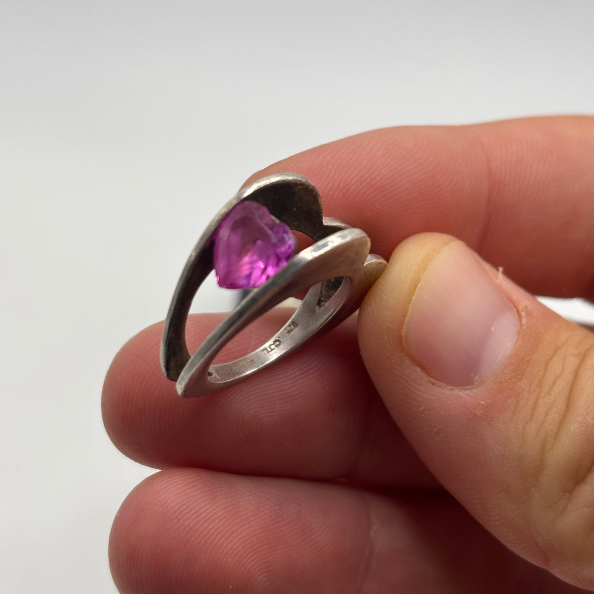 Silver Pink CZ Unusual Heart Ring (L)