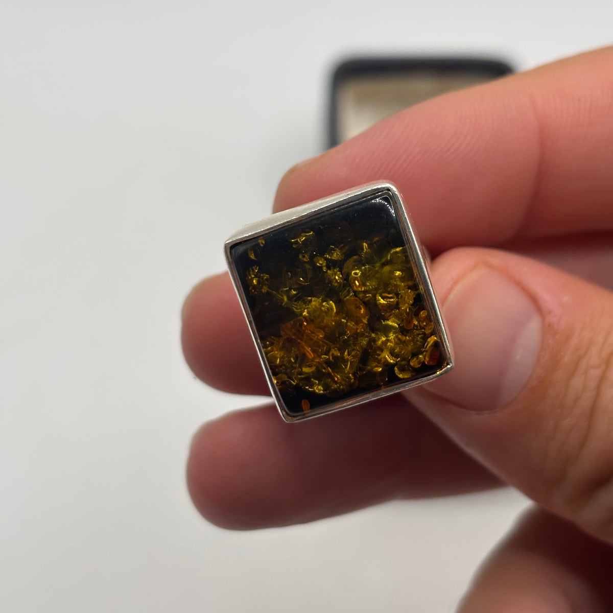 Silver Green Amber Square Ring (N)