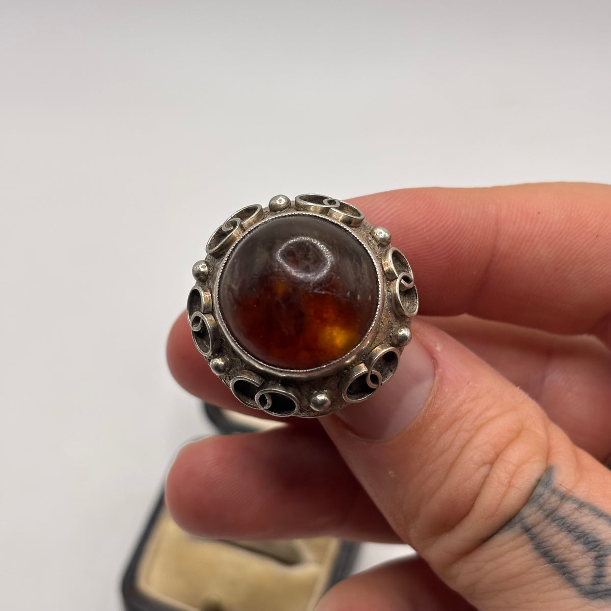 Silver Amber Abstract Ring